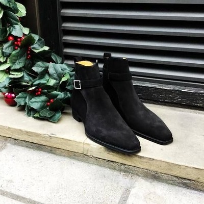 Handmade Men Dress Shoes Black Suede Leather Jodhpur Strap Boot