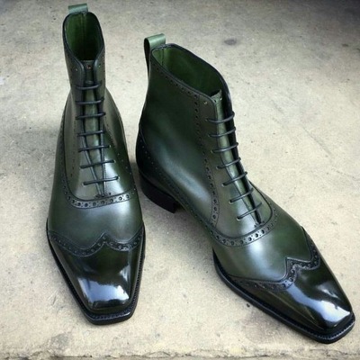Handmade men dress shoes green patina leather ankle high boot - Thumbnail 2