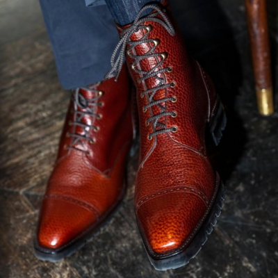 Handmade men dress shoes red grain leather ankle high lace up boot - Thumbnail 2