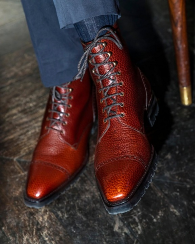 Handmade Men Dress Shoes Red Grain Leather Ankle High Lace up Boot