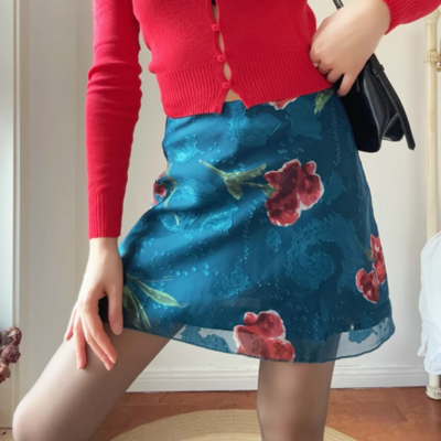 Retro holiday casual flower print sexy hip skirt