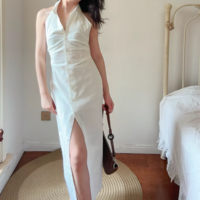 Halter neck lapel single breasted pleated maxi dress - Thumbnail 1