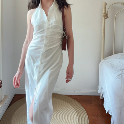 Halter neck lapel single breasted pleated maxi dress