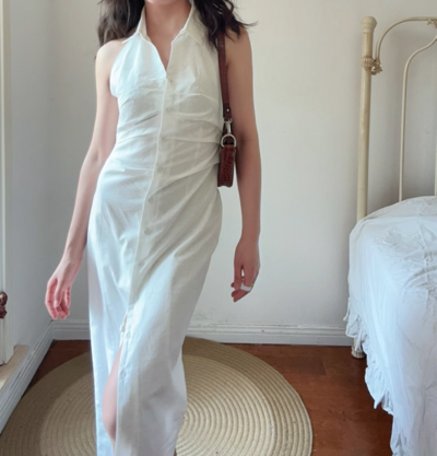 Halter neck lapel single breasted pleated maxi dress