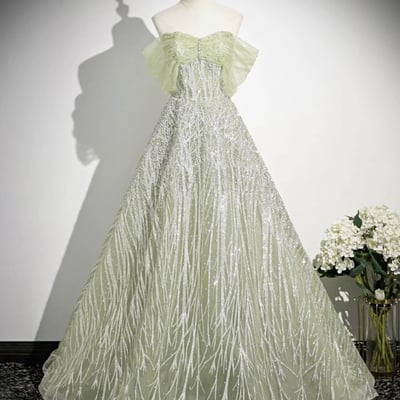 Green tulle sequins long a-line prom party dress - Thumbnail 1