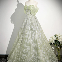 Green Tulle Sequins Long A-Line Prom Party Dress - Thumbnail 1