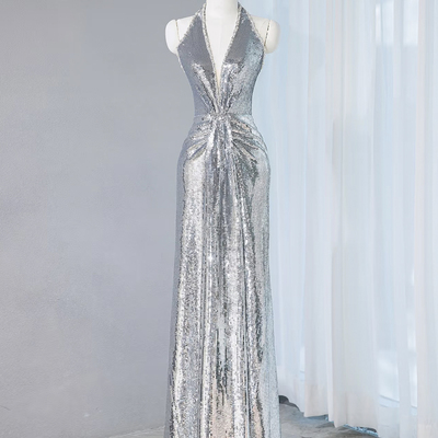 Silver sequins v-neck long prom party dress - Thumbnail 2