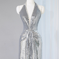Silver Sequins V-Neck Long Prom Party Dress - Thumbnail 1