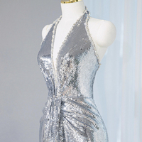 Silver Sequins V-Neck Long Prom Party Dress - Thumbnail 2