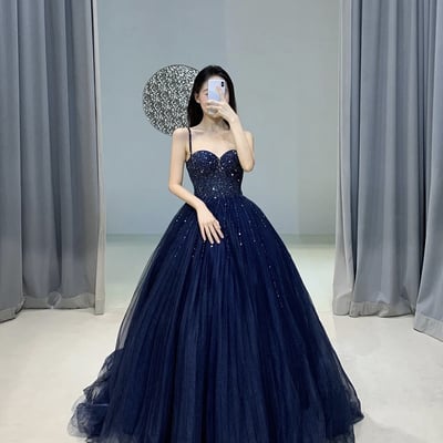 Blue tulle beads long a-line prom party dress - Thumbnail 1