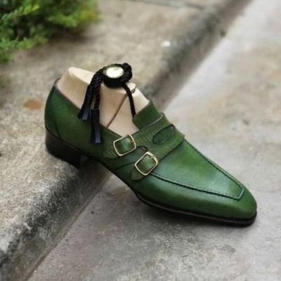 Handmade Men Green Leather Monk Strap Dress Shoes