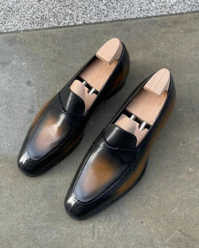 Handmade Men Black Tan Patina Leather Moccasin Loafers Dress Shoes