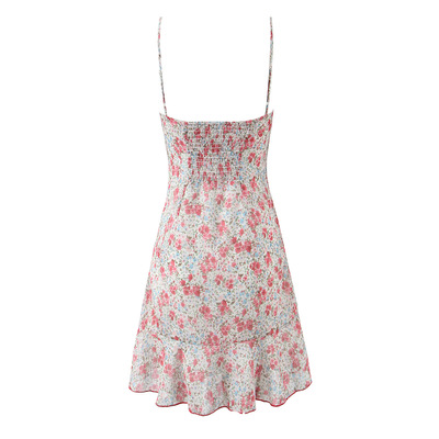Drawstring bow tie floral print slim fit holiday suspender dress