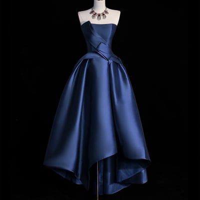 Dark blue satin hight low prom party dress