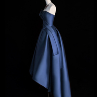 Dark Blue Satin Hight Low Prom Party Dress - Thumbnail 1