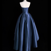 Dark Blue Satin Hight Low Prom Party Dress - Thumbnail 2