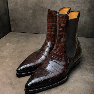 Handmade men dress shoes brown/burgundy alligator full leather chelsea boot - Thumbnail 4