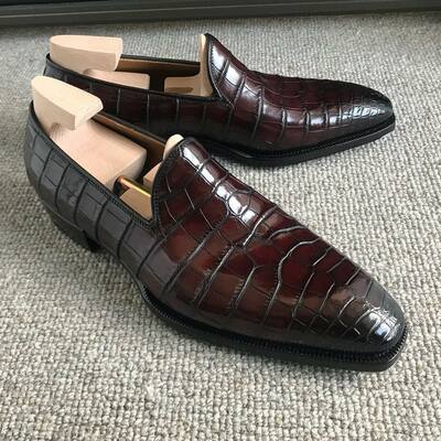 Handmade Men Burgundy Crocodile/Alligator Leather Dress Shoes