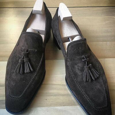 Handmade men dark brown suede leather tassel loafers dress shoes - Thumbnail 2
