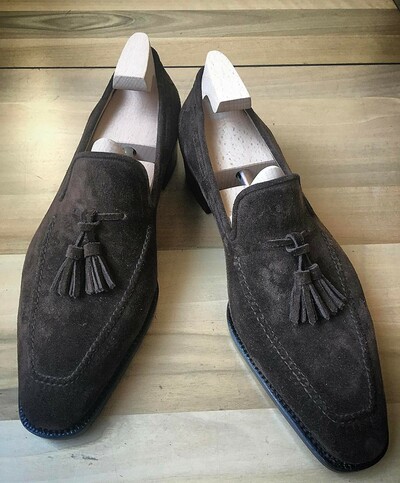 Handmade Men Dark Brown Suede Leather Tassel Loafers Dress Shoes