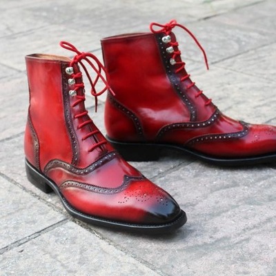 Handmade men dress shoes red patina leather ankle high lace up boot - Thumbnail 4