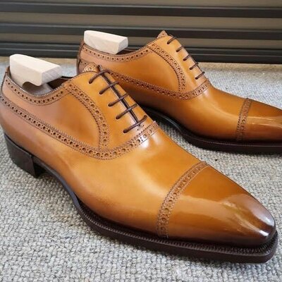 Men tan calf leather oxford lace up dress shoes - Thumbnail 2