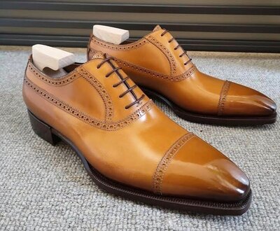 Men Tan Calf Leather Oxford Lace up Dress Shoes