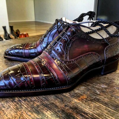 Handmade men burgundy calf crocodile leather dress shoes - Thumbnail 2