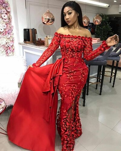 Red Sheath Lace Appliques African Girls Prom Dress Formal Dress Evening Gowns