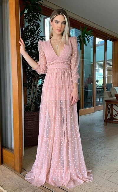Pink A Line Polka Dots Prom Dress Formal Dress Evening Gowns