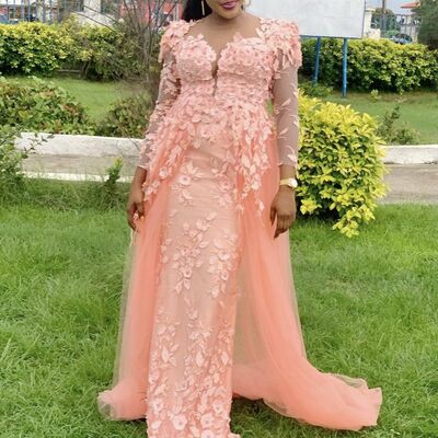 Sexy pink sheath lace appliques african girls prom dress formal dress evening gowns