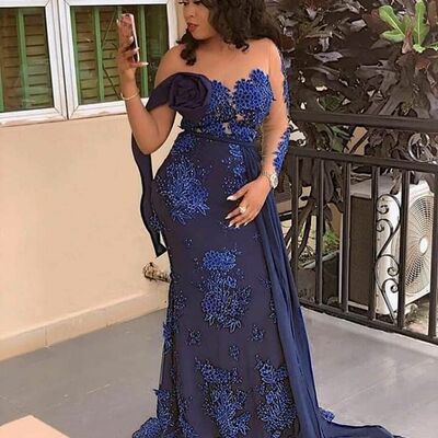 Navy blue sheath lace appliques african girls prom dress formal dress evening gowns - Thumbnail 1