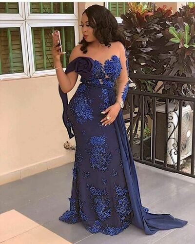 Navy Blue Sheath Lace Appliques African Girls Prom Dress Formal Dress Evening Gowns