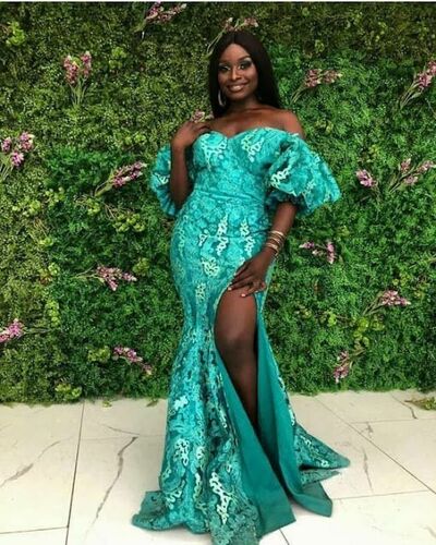 Green Sheath Lace Appliques African Girls Prom Dress Formal Dress Evening Gowns