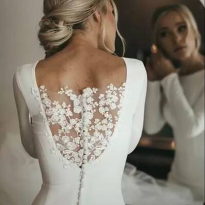 Sheath long sleeves appliques sheer back wedding dress bridal dress wedding gown