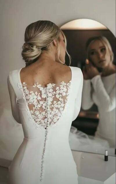 Sheath Long Sleeves Appliques Sheer Back Wedding Dress Bridal Dress Wedding Gown