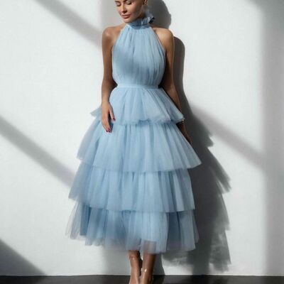 Elegant blue tiered prom dress formal dress evening gowns