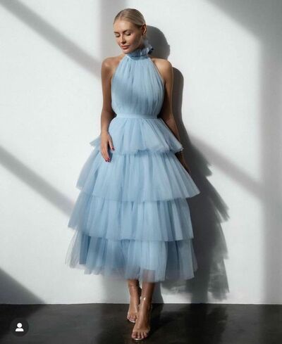 Elegant Blue Tiered Prom Dress Formal Dress Evening Gowns