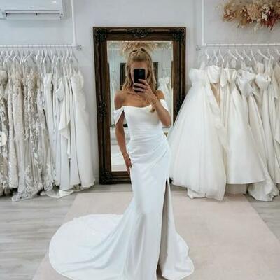 Simple off shoulder satin wedding dress bridal dress wedding gown