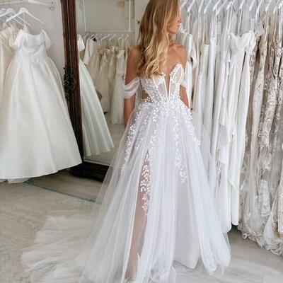 A-line off the shoulder appliques tulle wedding dress bridal dress wedding gown