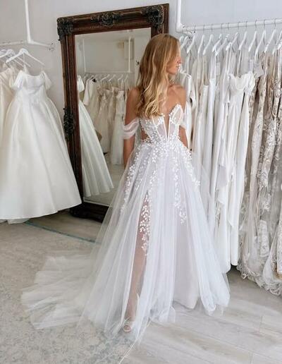 A-line Off the Shoulder Appliques Tulle Wedding Dress Bridal Dress Wedding Gown