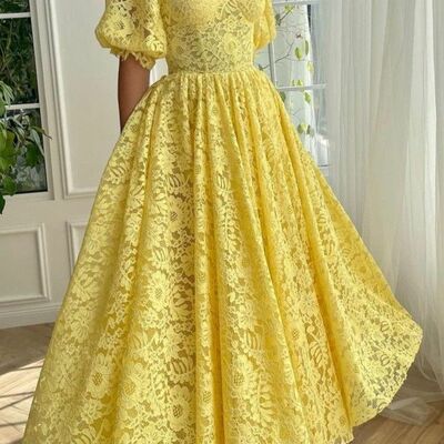 Yellow lace prom dress formal dress evening gowns - Thumbnail 2