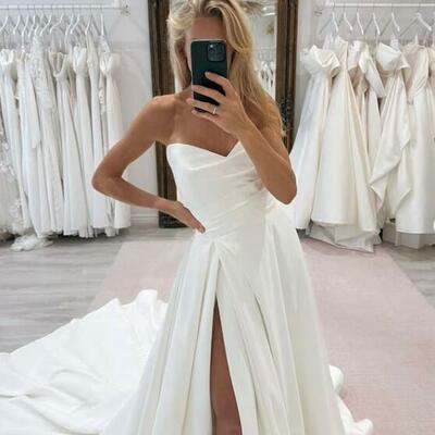 Sexy a-line sweetheart side split satin wedding dress bridal dress wedding gown