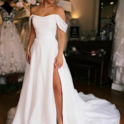 Sexy a-line off the shoulder side split satin wedding dress bridal dress wedding gown