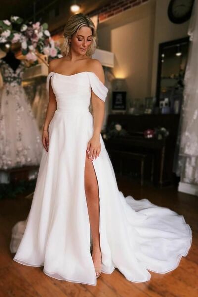 Sexy A-line Off the Shoulder Side Split Satin Wedding Dress Bridal Dress Wedding Gown