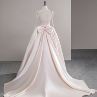 Pink Satin Long Prom Party Dress, Beautiful A-Line Evening Dress with Bow - Thumbnail 1