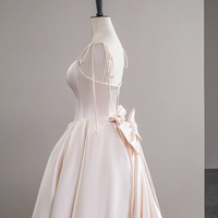 Pink Satin Long Prom Party Dress, Beautiful A-Line Evening Dress with Bow - Thumbnail 3