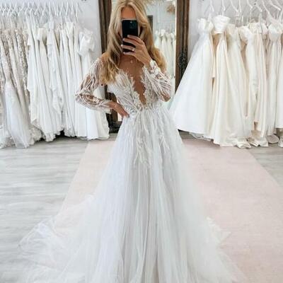 Sexy a-line appliques long sleeves tulle wedding dress bridal dress wedding gown