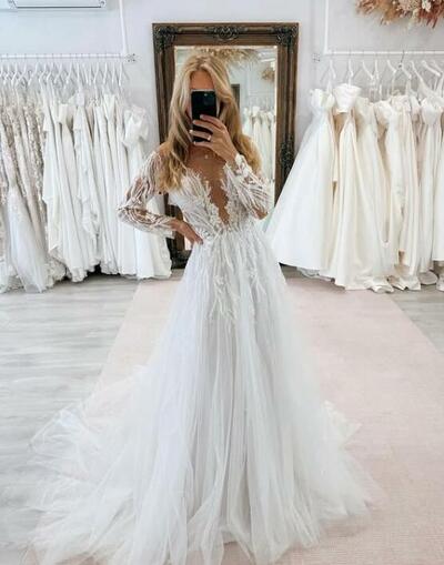 Sexy A-line Appliques Long Sleeves Tulle Wedding Dress Bridal Dress Wedding Gown