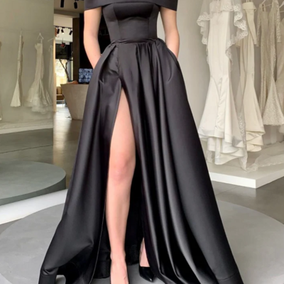 Off shoulder elegant satin evening dress with high slit 
